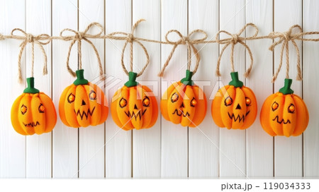Six Decorative Halloween Pumpkins Hanging on a White Wooden Wall, Festive Holiday Background 119034333