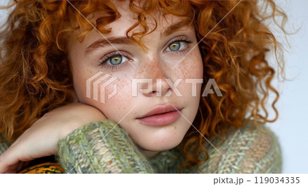 Close Up Portrait of a Young Woman with Striking Blue Eyes, Freckles, and Vibrant Curly Red Hair 119034335