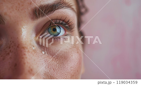 Close-up of a Young Womans Face With Freckles, a Single Tear Rolling Down Her Cheek Close-up of a Young Womans Face With Freckles, a Single Tear Rolling Down Her Cheek 119034359