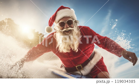Santa Claus on surf board in ocean. Santa Claus on vacation. Surfing Santa. Santa goes Surfing. 119034385