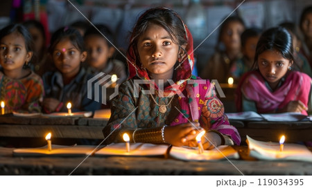 Young Indian Girl with Hope in Her Eyes in Classroom Lit by Candles, Determination in Poverty. 119034395