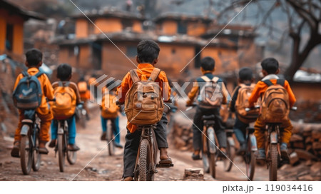 Indian Children In Uniform Riding Bicycles Home From School, Transportation, Rural Life, Back View 119034416