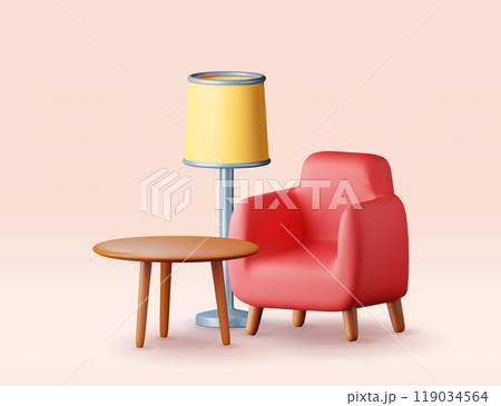 3D armchair with lamp and table isolated 119034564