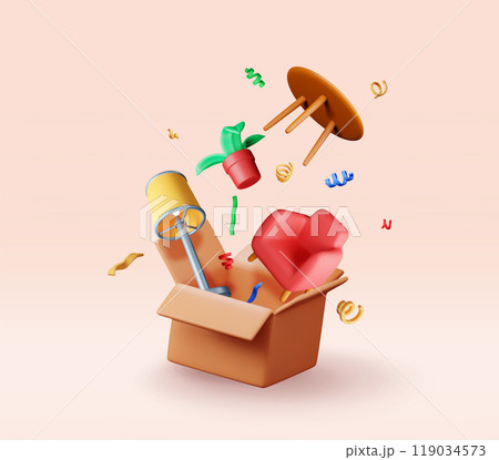 3D open cardboard box with home goods isolated 3D open cardboard box with home goods isolated 119034573
