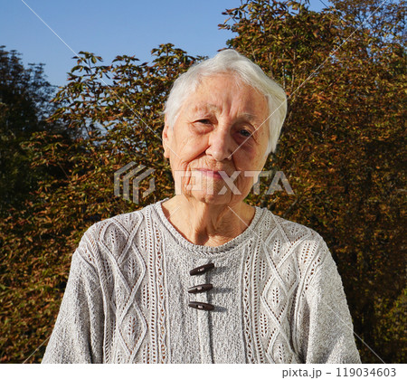 Portrait of sad senior woman posing in autumn park 119034603