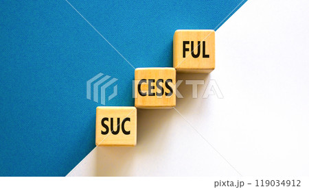 Successful symbol. Concept word Successful on beautiful wooden blocks. Beautiful white and blue background. Business successful concept. Copy space. Successful symbol. Concept word Successful on beautiful wooden blocks. Beautiful white and blue background. Business successful concept. Copy space. 119034912