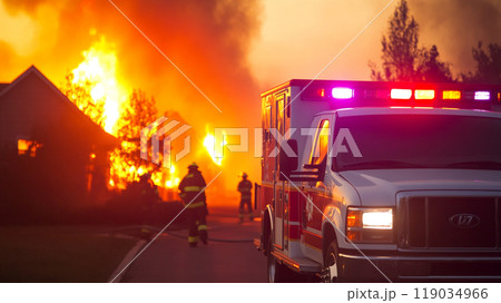 Ambulance arriving at a house fire scene, flames and smoke in the distance, firefighters already working Ambulance arriving at a house fire scene, flames and smoke in the distance, firefighters already working 119034966