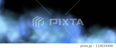 Black background with gray-blue clouds creating the effect of smoke or fog. The atmosphere of spring magic at dawn or summer night ,fog over land or water surface. 119034996