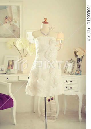 Stunning highly fashionable designer woman dress gown for party dress and sociable dress for modern socialite detail displayed on a mannequin in a luxurious background room 119035004