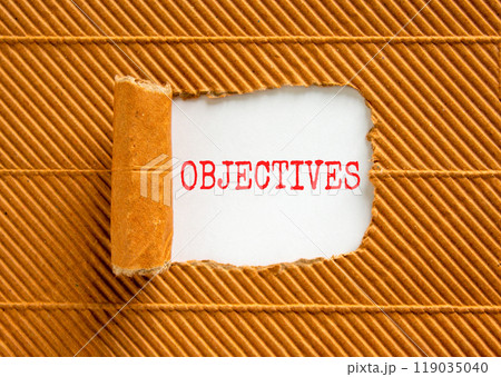 Objectives symbol. Concept word Objectives on beautiful white paper. Beautiful brown paper background. Business objectives concept. Copy space. Objectives symbol. Concept word Objectives on beautiful white paper. Beautiful brown paper background. Business objectives concept. Copy space. 119035040