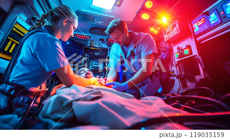 Two paramedics performing CPR on a patient inside a moving ambulance, bright interior lights, medical equipment all around 119035159