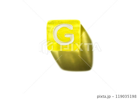 Yellow block with letter g casting shadow on white background: alphabet 119035198