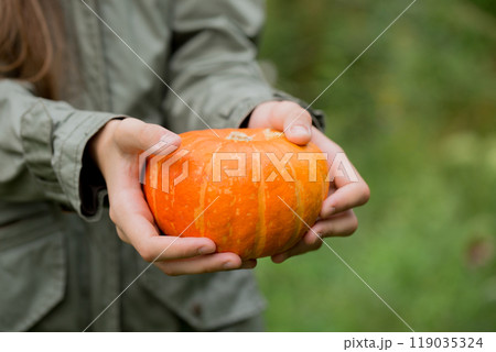 A woman in a green jacket holds a orange pumpkin in her hands while standing in the garden. close-up A woman in a green jacket holds a orange pumpkin in her hands while standing in the garden. close-up 119035324