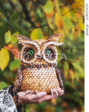 Toy hand-made owl. Mastering weaving funny owl of paper vines. 119035474