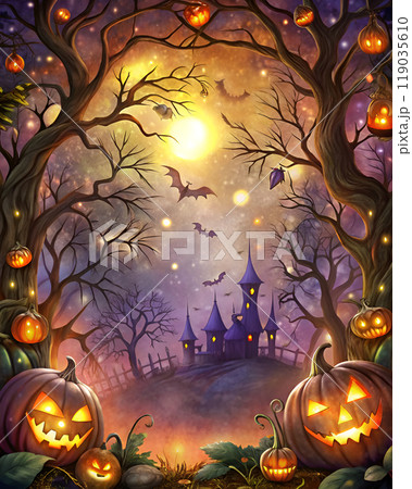 scary castle with pumpkins and pumpkin 119035610