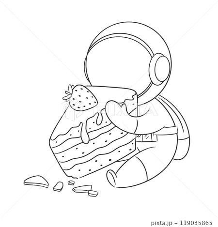 Astronaut is eating a cake with strawberry topping for coloring 119035865