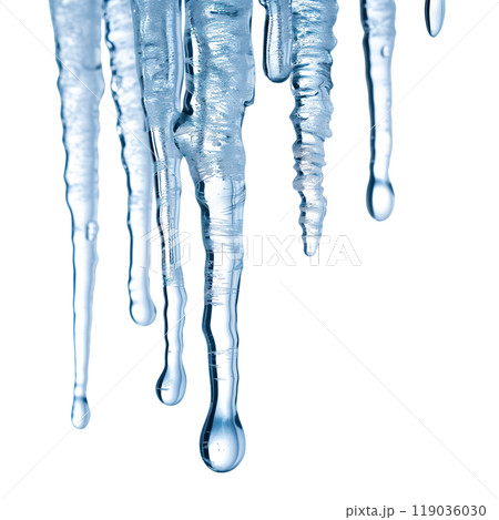 Medium-sized icicles hanging from a surface, isolated on a transparent background. Symbolizes winter, cold, and ice. Suitable for winter projects, seasonal decorations, and natural concepts. 119036030