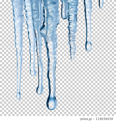 Medium-sized icicles hanging from a surface, isolated on a transparent background. Symbolizes winter, cold, and ice. Suitable for winter projects, seasonal decorations, and natural concepts. 119036030
