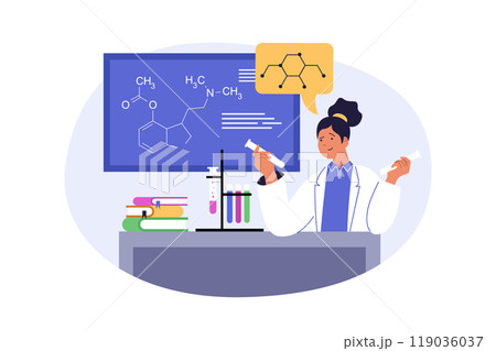 School learning concept in modern flat design for web. Woman working at laboratory, doing chemical tests at tubes and equipment with pupils in class, training students to exams. Vector illustration. 119036037