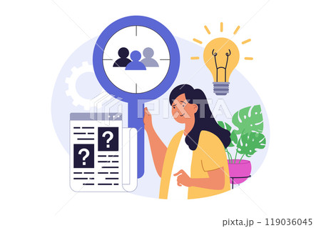 Recruitment concept in modern flat design for web. Woman with magnifier searching candidates in company staff, looking recruit resumes and approving for job interview in office. Vector illustration. 119036045