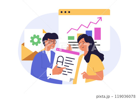 Marketing and development concept in modern flat design for web. Man and woman analyzing business data, creating promotion and advertising strategy, working in team at project. Vector illustration. 119036078