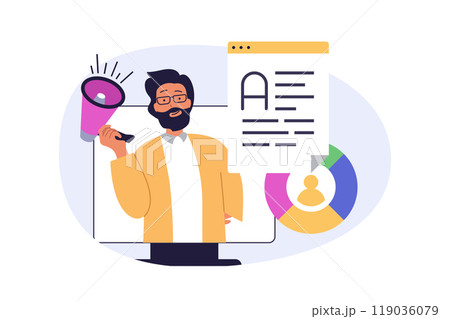 Marketing and development concept in modern flat design for web. Man with megaphone making data analysis, creating promotion strategy, advertising business project to audience. Vector illustration. 119036079