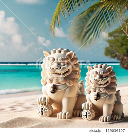沖縄の海とシーサー 119036107