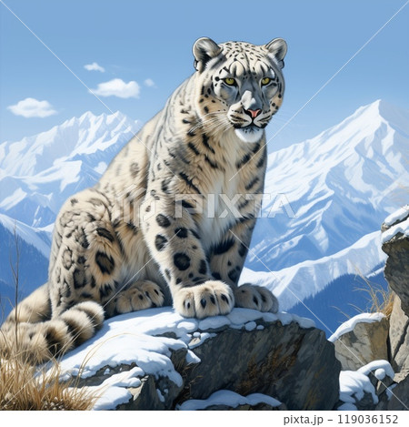 Majestic Snow Leopard Perching on a Rocky Pinnacle in a Snowy Landscape 119036152