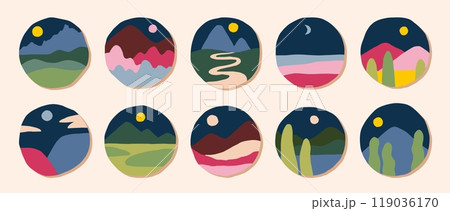 Abstract mountains. Hill icons, nature adventure background with horizon silhouette, travel view. Round circle icons. Doodle style minimal drawing. Abstract landscape. Vector flat shapes set Abstract mountains. Hill icons, nature adventure background with horizon silhouette, travel view. Round circle icons. Doodle style minimal drawing. Abstract landscape. Vector flat shapes set 119036170