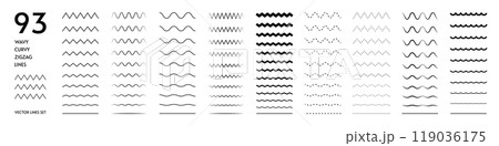 Wavy lines. Zigzag squiggly waves. Curvy wiggle or ripple graphic. Undulate wiggly sine. Jagged parallel. Angular amplitude. Straight underline. Horizontal waveform elements vector set Wavy lines. Zigzag squiggly waves. Curvy wiggle or ripple graphic. Undulate wiggly sine. Jagged parallel. Angular amplitude. Straight underline. Horizontal waveform elements vector set 119036175