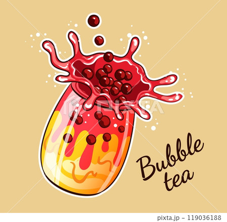 Bubble tea. Tropical beverage with falling tapioca balls and juice swirls. Summer fruit boba ice drink, delicious cocktail, sweet milkshake in glass, vector cartoon flat isolated illustration Bubble tea. Tropical beverage with falling tapioca balls and juice swirls. Summer fruit boba ice drink, delicious cocktail, sweet milkshake in glass, vector cartoon flat isolated illustration 119036188