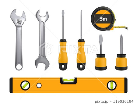 3D tools. Repair instrument. Steel wrench. Spanner and mechanic screwdriver. Metal key for building fix. Work service. Carpentry workshop. Construction equipment. Vector industrial set 119036194