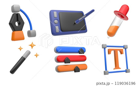 3D design icons. Graphic tools render like color brush, creative pencil or pen. Picture palette. Magic wand for photo editing. Brightness indicators. Web designer. Vector isolated set 119036196