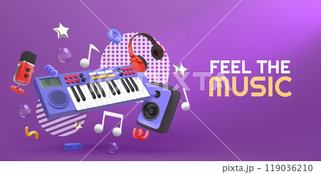 3D music instrument. Piano keyboard. Musical note for pop art concert production. Electronic GJ studio cover. Headphones and microphone. Synthesizer melody listening. Vector background 119036210
