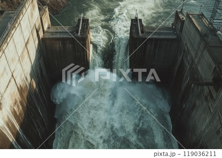 Hydroelectric dam with rushing water 119036211