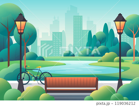 City park. Spring garden ground. Urban nature landscape. Public play on green rose street. Activity in recreation scenery. Summer trees and pond. Bench with lanterns. Vector background 119036212