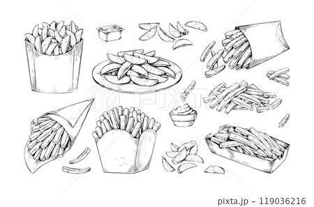 French fries sketch. Potato chips on food plate or cone box. Engraved street menu. Unhealthy crispy snack with sauce. Takeaway fastfood. Fried vegetables. Vector drawing elements set 119036216