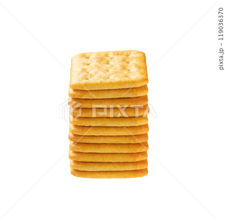 Stack of cheese crackers isolated on white background. Cheese crackers placed on top of each other on a white background. Stack of cheese crackers isolated on white background. Cheese crackers placed on top of each other on a white background. 119036370