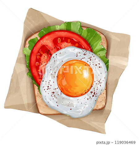 Tasty sandwich with fried eggs, tomato, lettuce. Food illustration isolated on white background 119036469