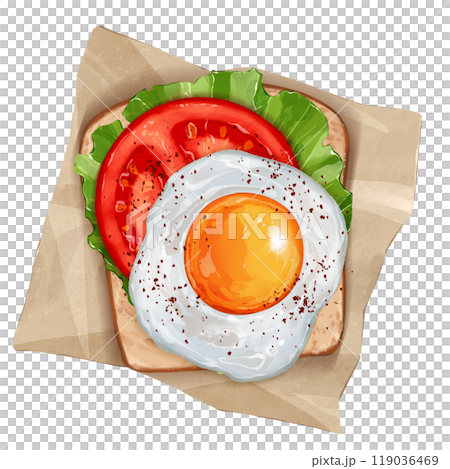 Tasty sandwich with fried eggs, tomato, lettuce. Food illustration isolated on white background 119036469