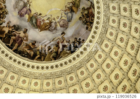 US Capitol Rotunda, detail of the interior decoration, Washington DC, USA US Capitol Rotunda, detail of the interior decoration, Washington DC, USA 119036526