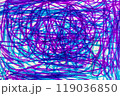 An abstract with overlapping purple and blue strokes forming a vibrant complex pattern. 119036850