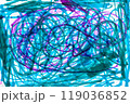 Abstract blue and purple scribbles with overlapping chaotic lines creating a vibrant and dynamic composition. 119036852