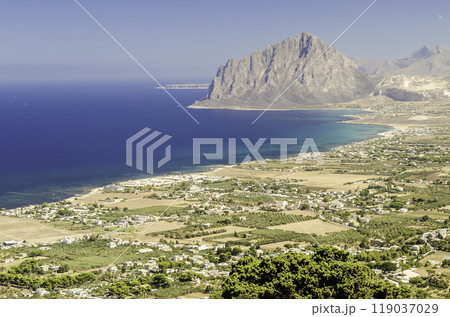 Aerial view over sicilian coastline and Cofano Mountain, Italy 119037029