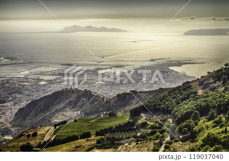 Aerial view over Trapani and Aegadian Islands, Sicily, Italy Aerial view over Trapani and Aegadian Islands, Sicily, Italy 119037040