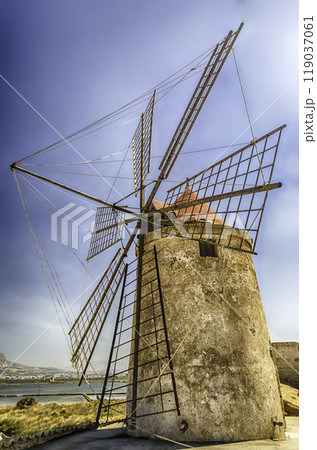 Old windmill for salt production, Sicily, Italy Old windmill for salt production, Sicily, Italy 119037061