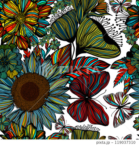 Hand Drawn Artistic Daisy Flowers Seamless Pattern. Blotched Floral Print with butterflies. Expressive Outlines, Organic Large Scale Simplistic Retro Fashion Design hand drawing. Not AI, Vector 119037310