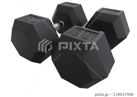 Two Hex Dumbbells with number 30, weightlifting gym equipment 119037496