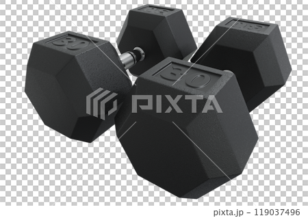 Two Hex Dumbbells with number 30, weightlifting gym equipment 119037496