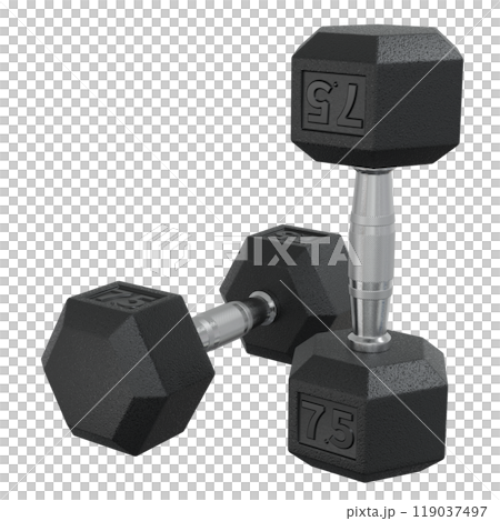 Two Hex Dumbbells with numbers 7.5, weightlifting gym equipment 119037497